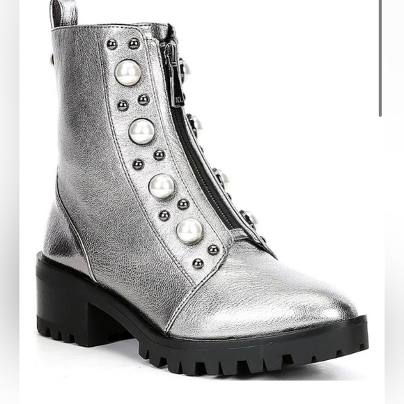 Karl Largerfeld Payden Pearl Stud Zip Metallic Leather Chunky Lug Sole Boots NEW - Picture 1 of 9